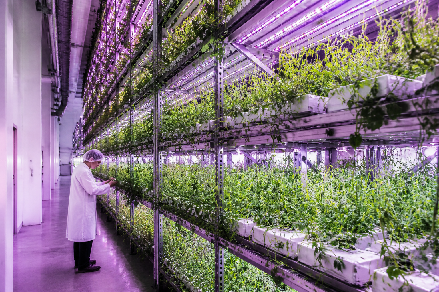 A wide-angle shot of a modern vertical farm growing pea plants in a hydroponic system with purple LED growth lights.