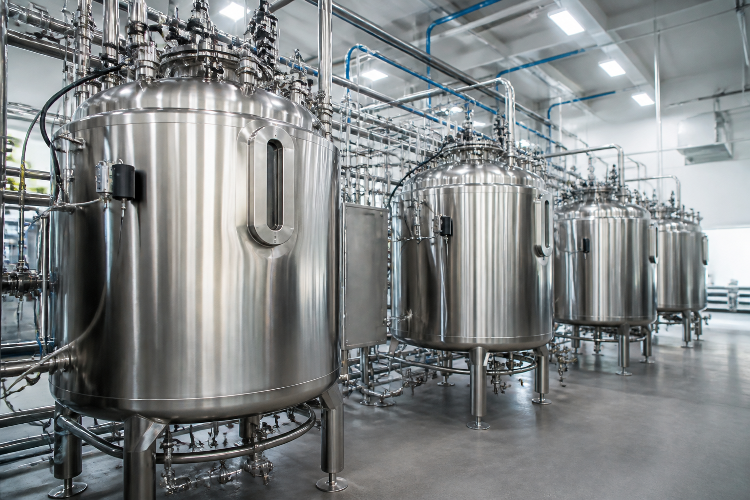 A clean, industrial photograph of large stainless steel bioreactor tanks in a brightly lit, modern food technology facility.