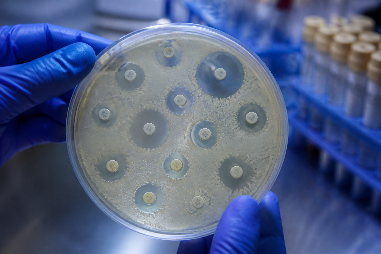 A macro photograph of a laboratory petri dish showing clear zones and bacterial colonies, scientific lab setting, blue-toned lighting.