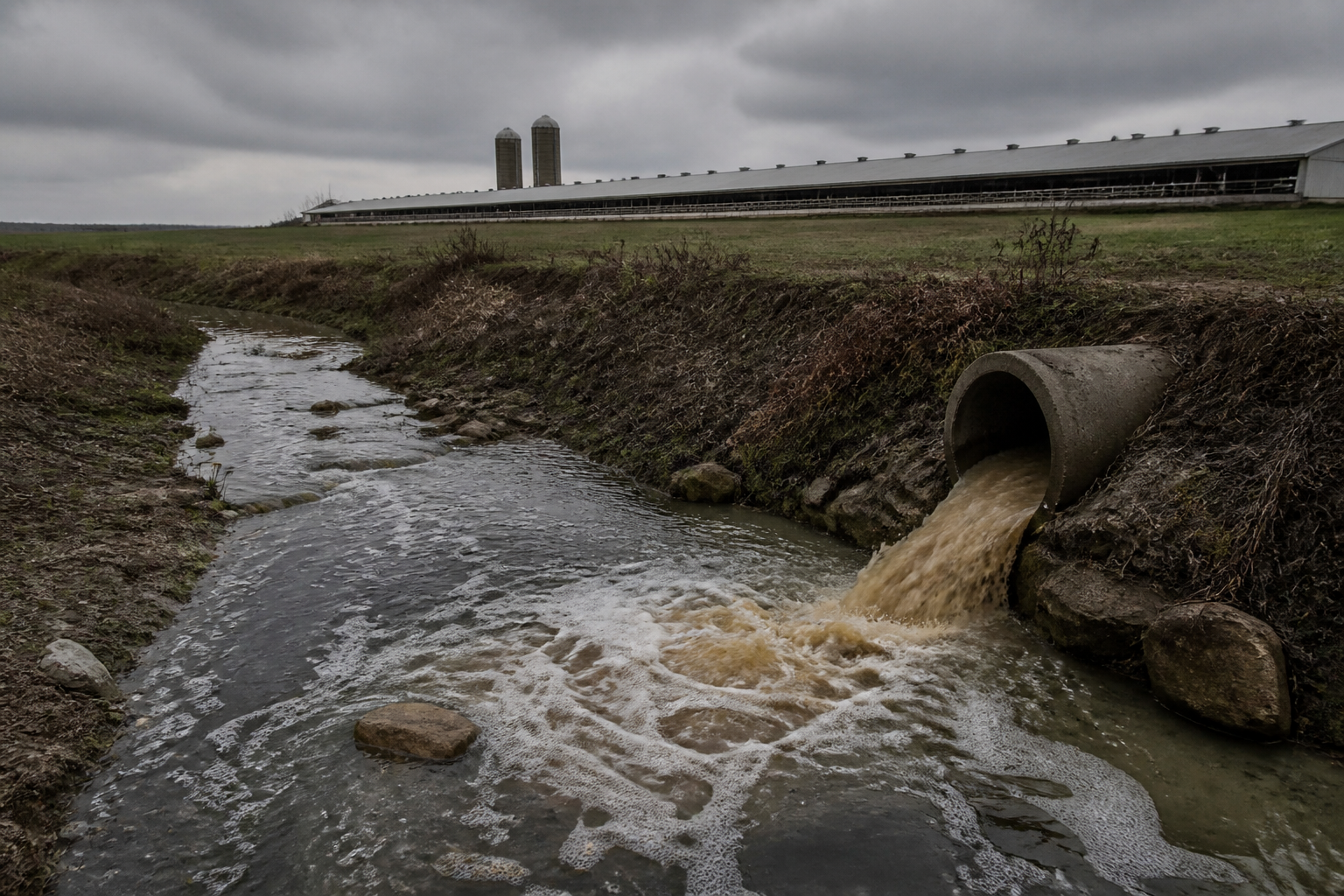 A photo of a rural stream showing murky water runoff from a nearby large-scale poultry farm, dramatic overcast sky lighting.