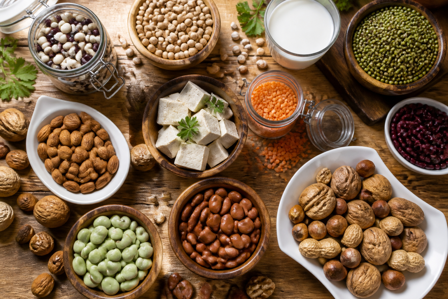 A vibrant flat-lay photograph of various plant-based protein sources including lentils, chickpeas, tofu, and nuts on a wooden table.