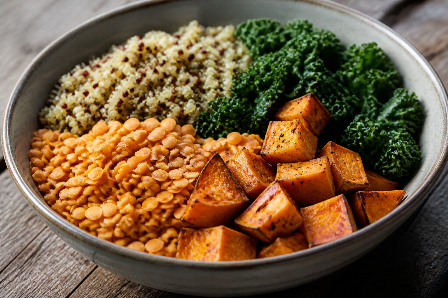 A vibrant macro shot of a ceramic bowl filled with cooked quinoa, red lentils, roasted sweet potato, and kale, natural lighting.