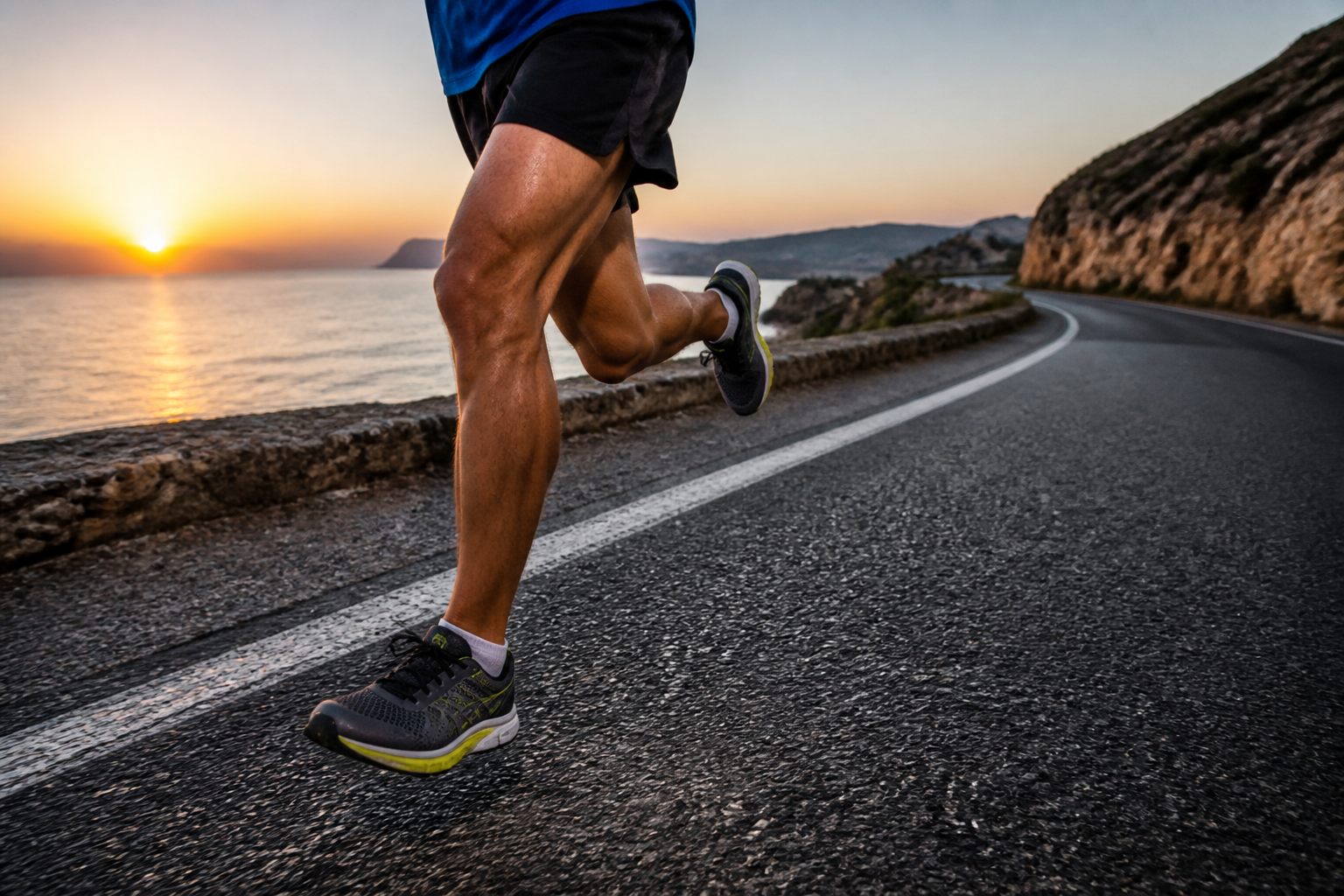 A close-up of an athlete's legs in motion, running on a scenic coastal road during sunrise, high speed photography style.