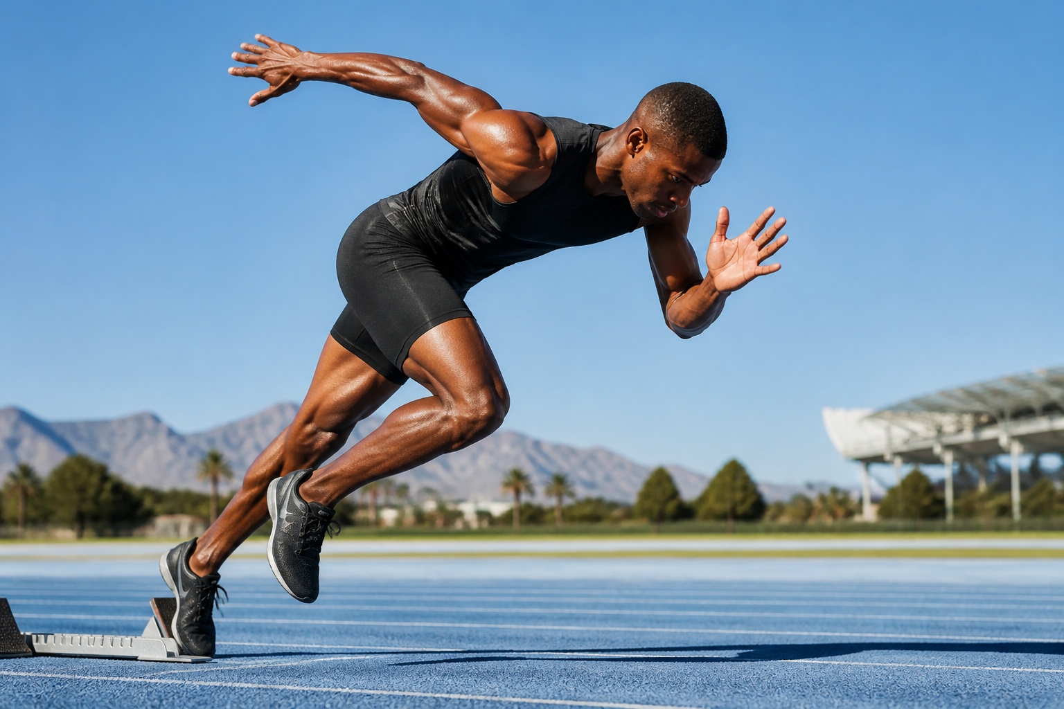 A professional athlete sprinting on a blue track under a clear sky, capturing dynamic movement and peak physical condition.