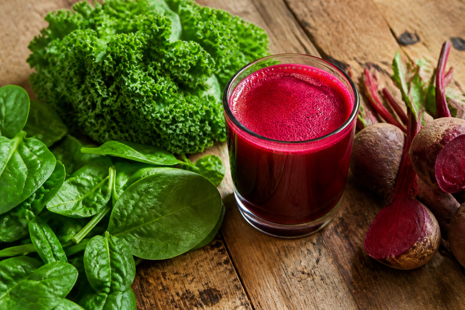 A flat lay of fresh spinach, kale, and a glass of deep red beetroot juice on a rustic wooden table, bright and clean aesthetic.