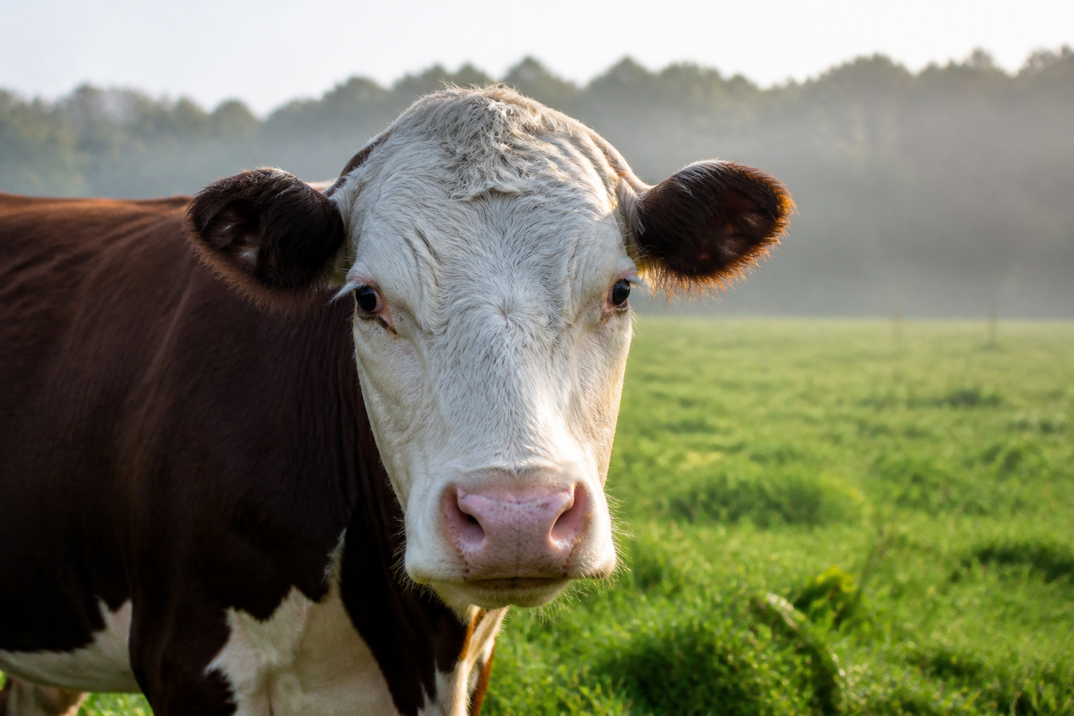A close-up high-quality photograph of a cow in a green pasture, soft morning light, focusing on the animal's face.