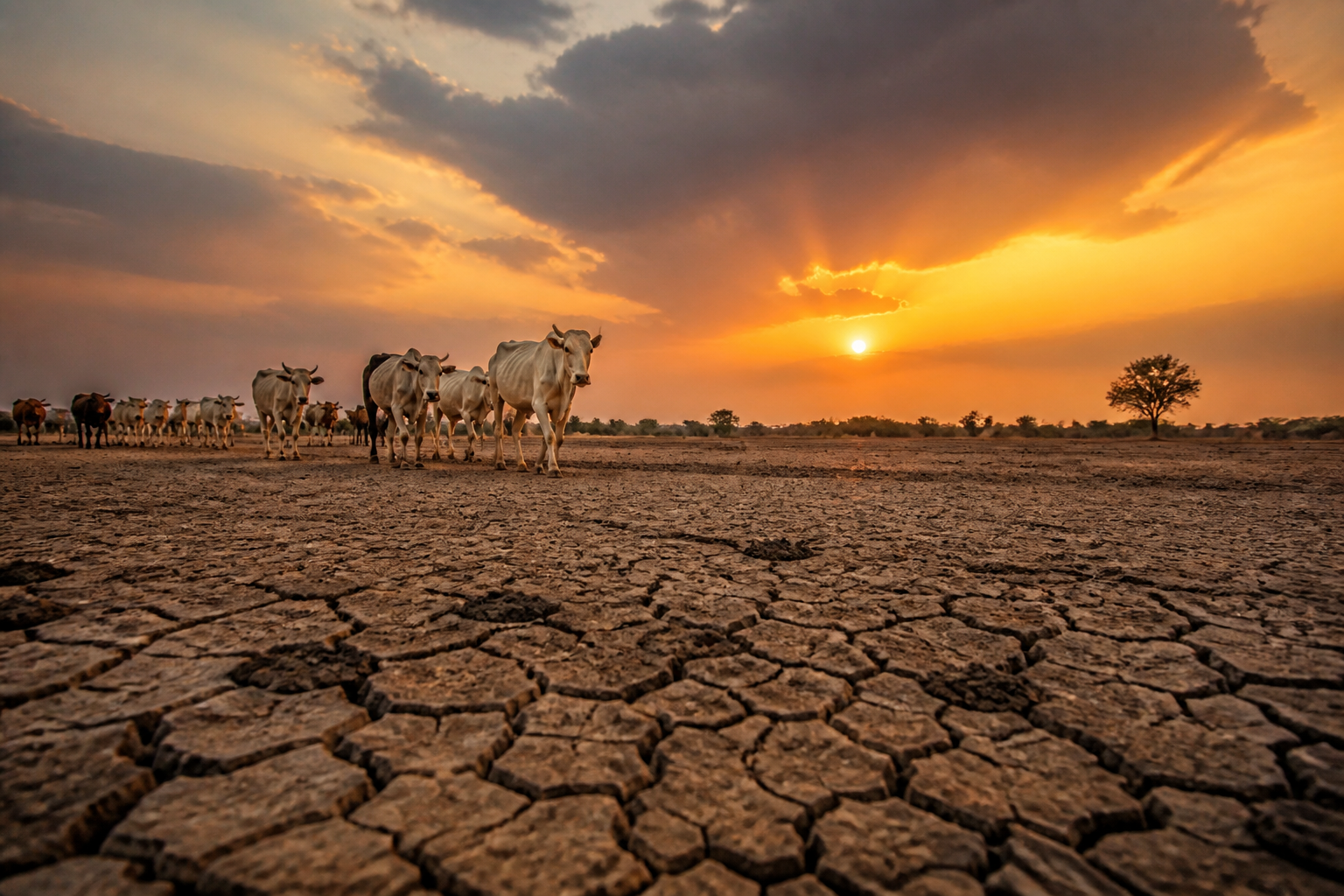 A DSLR photo showing dry, parched earth with cattle walking in the distance, dramatic sunset lighting, highlighting environmental impact.