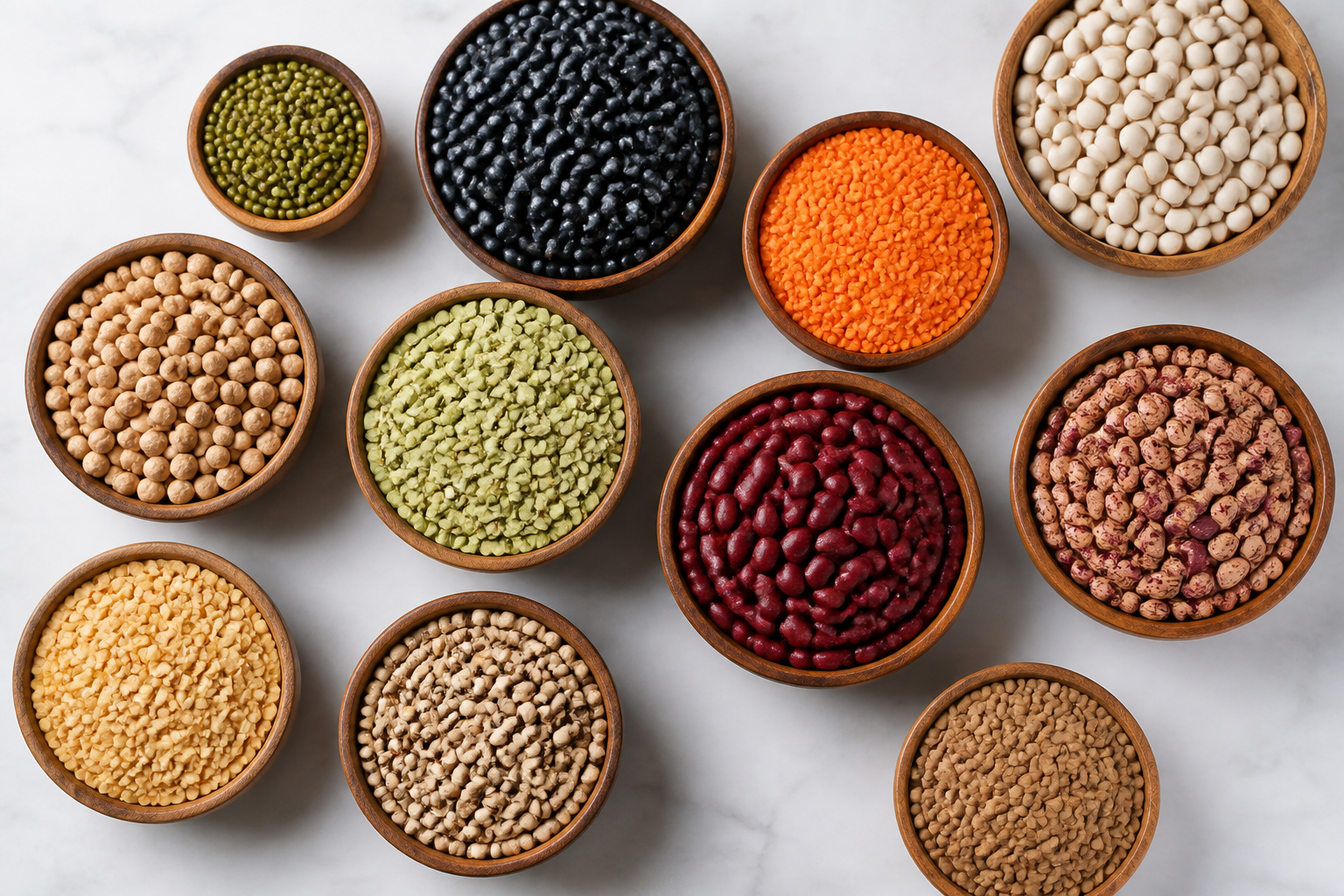 A top-down studio shot of various colorful legumes, lentils, and beans in rustic wooden bowls on a clean surface.