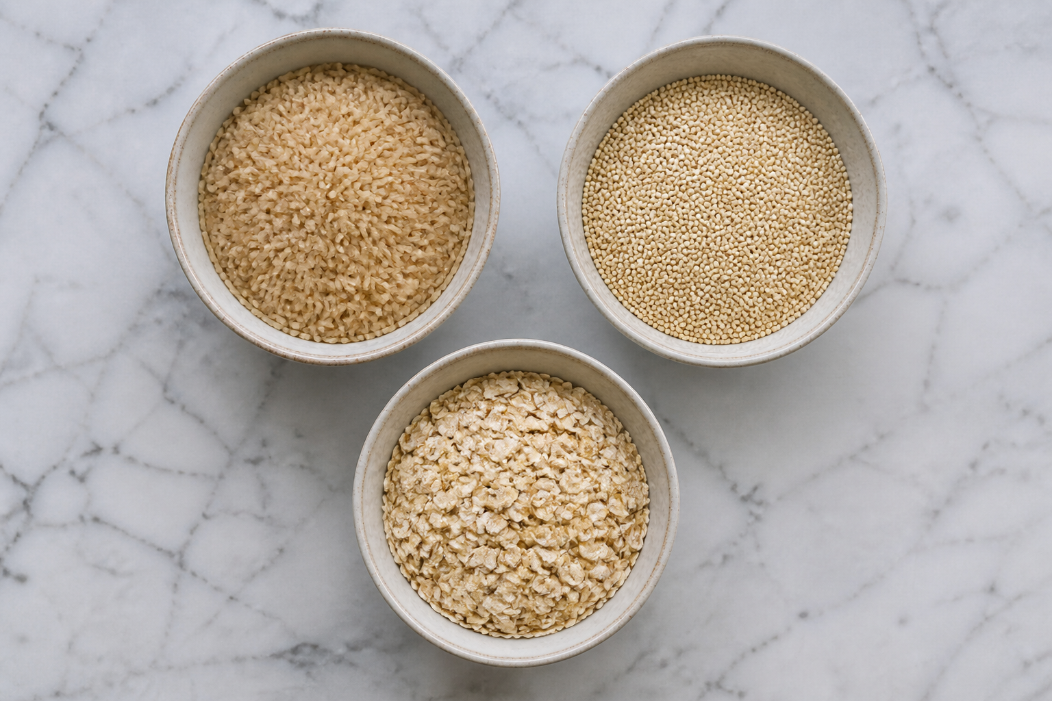 Three ceramic bowls containing uncooked brown rice, white quinoa, and rolled oats, arranged neatly on a clean marble countertop, overhead shot.