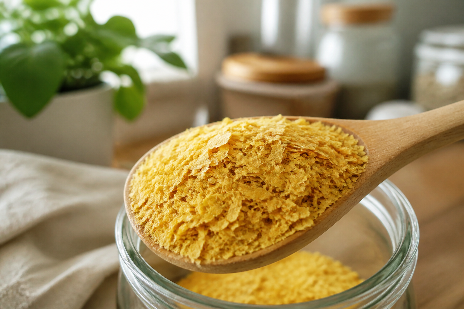 A wooden spoon overflowing with golden nutritional yeast flakes, focused detail on texture, soft kitchen background with warm morning light.