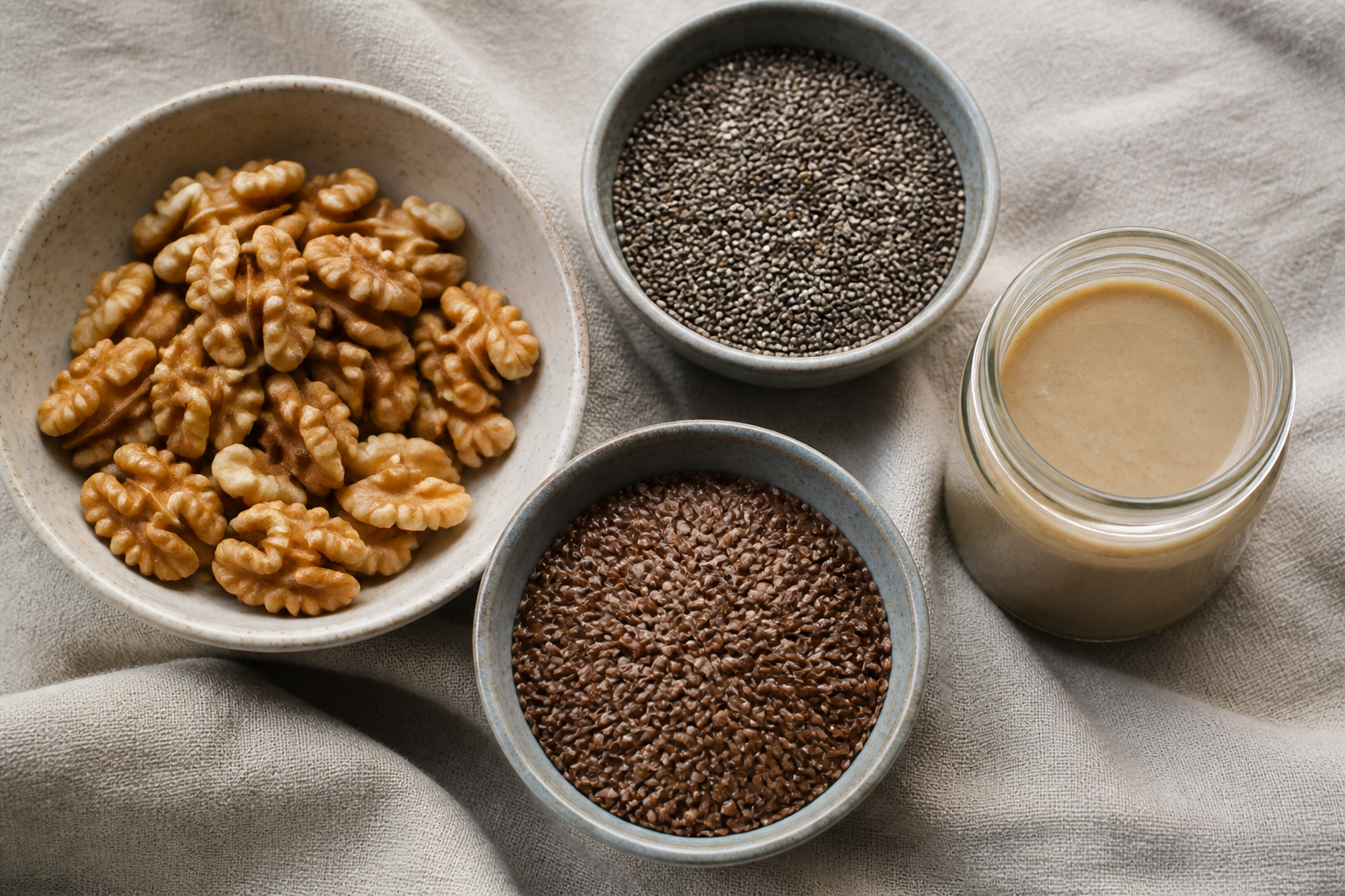A flat lay composition of walnuts, chia seeds, flax seeds, and a small jar of creamy tahini on a linen cloth.