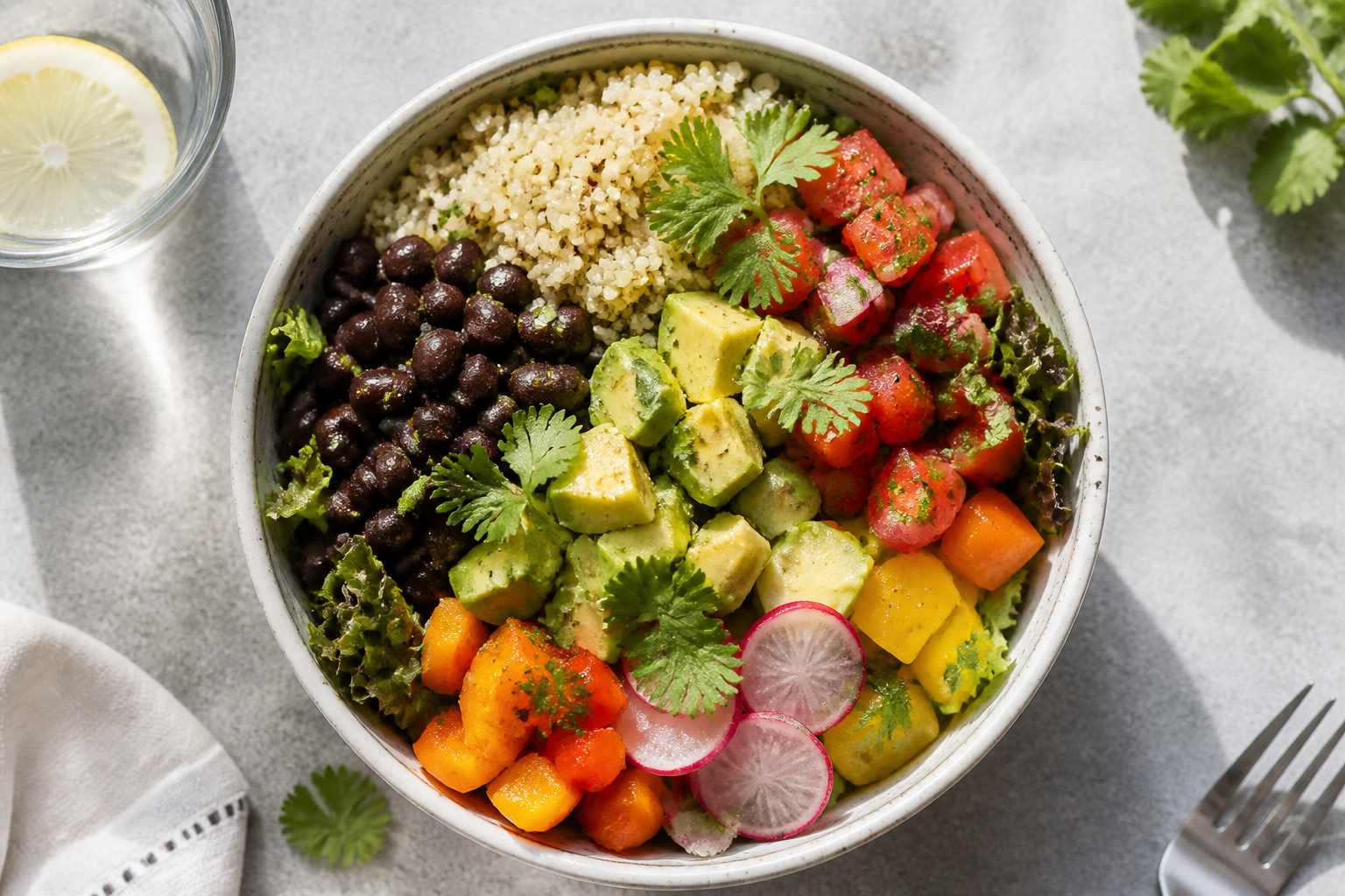 A vibrant bowl of quinoa, black beans, avocado, and colorful vegetables, professional food photography, natural bright daylight, top view.