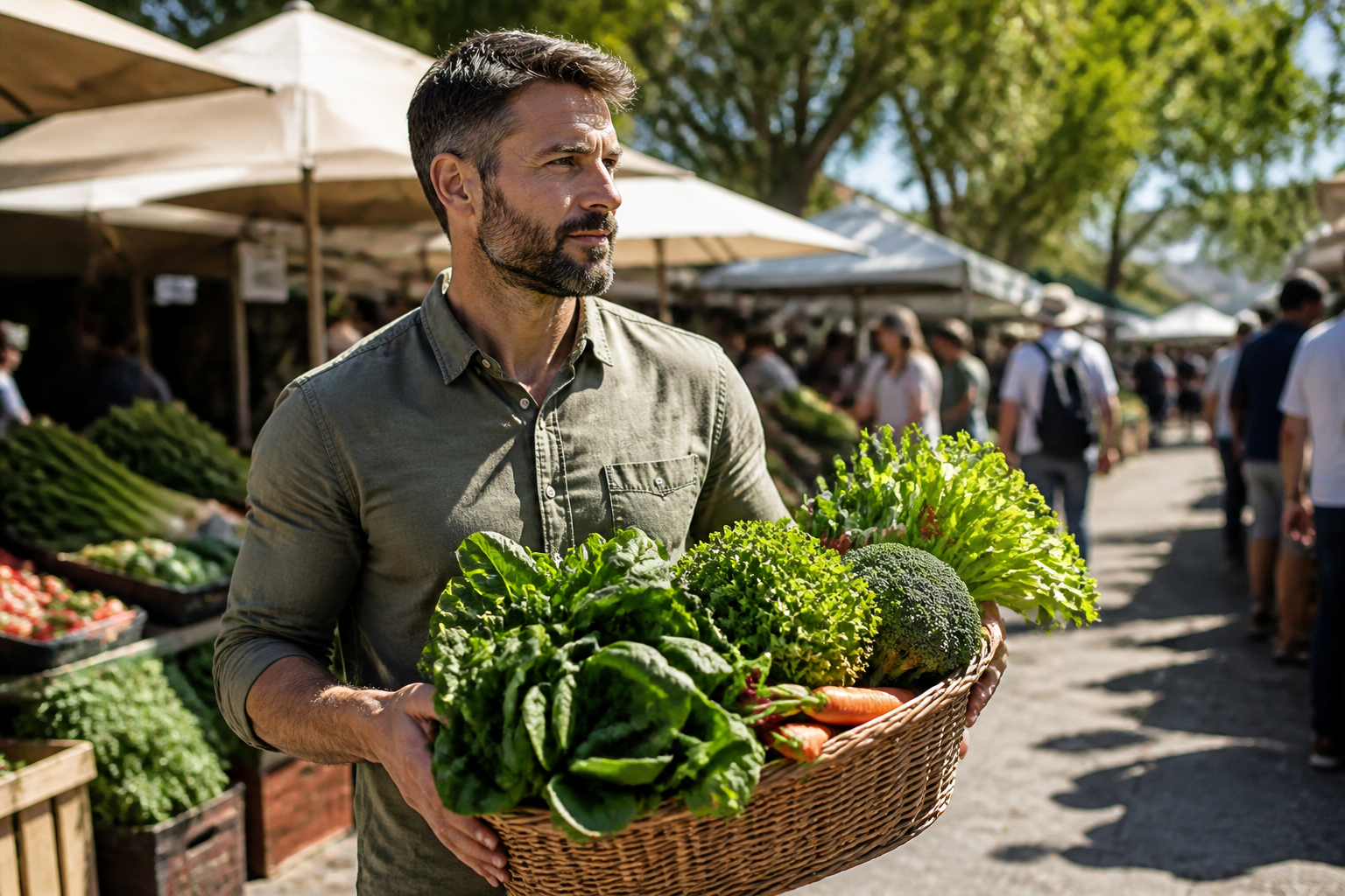 A fit middle-aged man in a casual shirt carrying a basket of fresh greens and vegetables at an outdoor market, sun-drenched setting.
