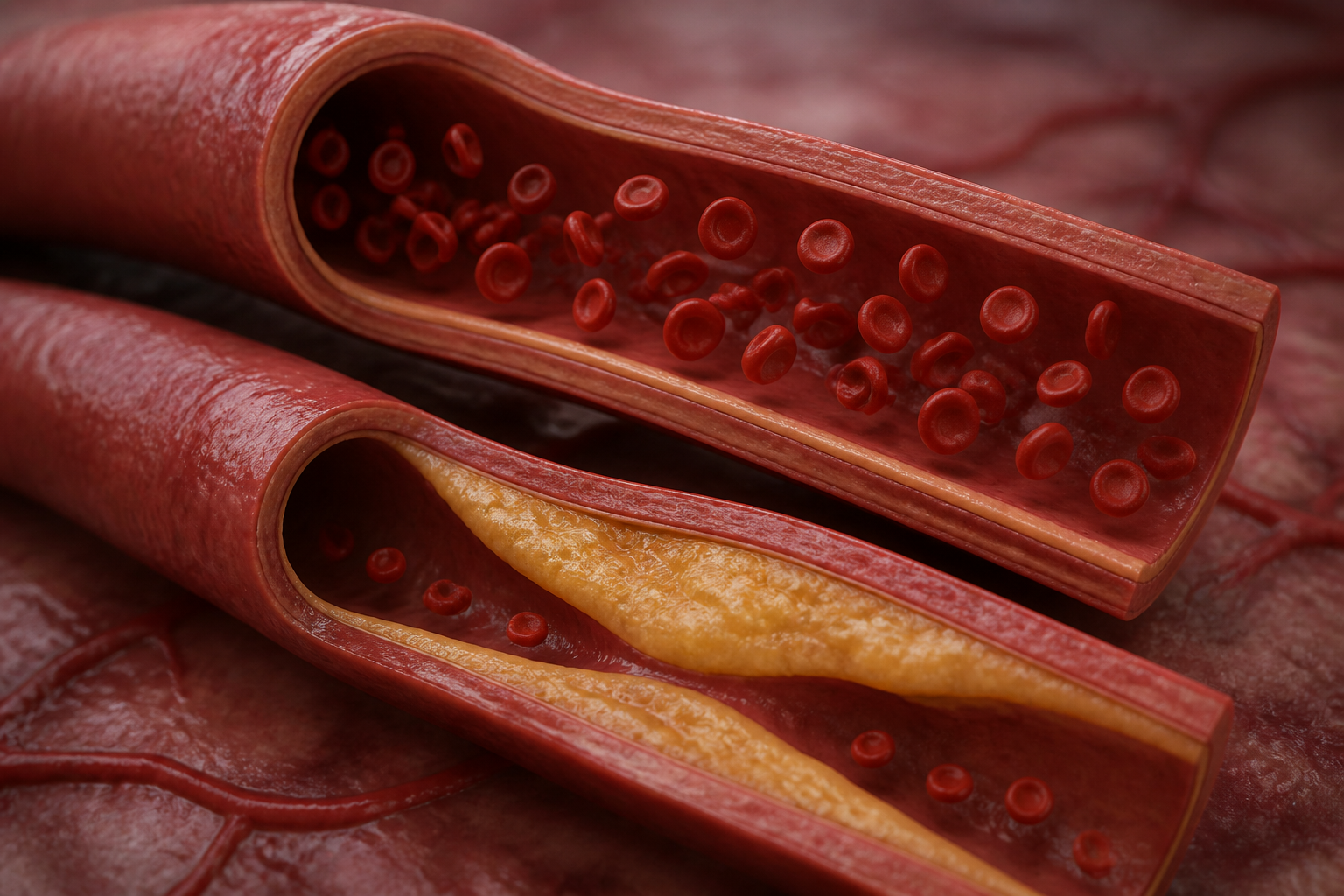 A realistic medical 3D rendering showing a cross-section of a healthy human artery compared to one with cholesterol plaque buildup.