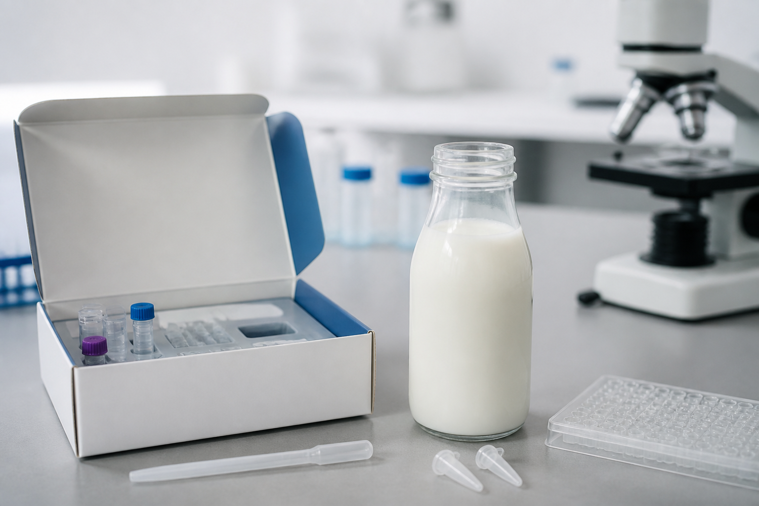 A clean laboratory setting showing a DNA test kit next to a milk sample, symbolizing genetic testing for A2 protein.