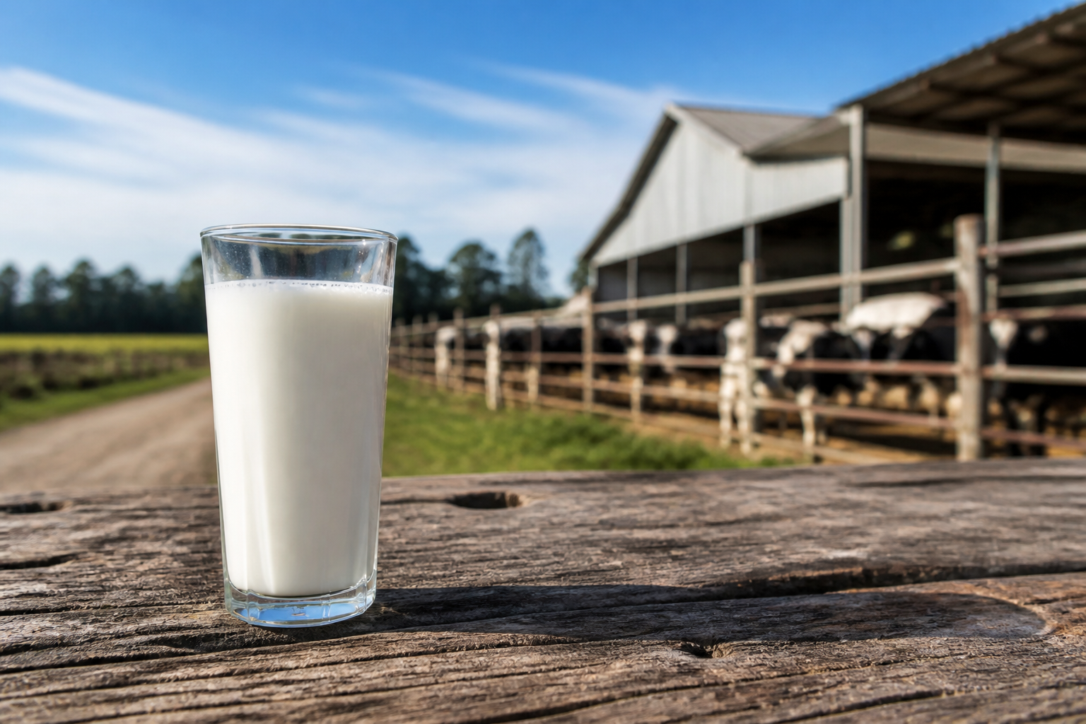 A tall glass of fresh white milk on a rustic wooden table, a blurred dairy barn in the background under a blue sky.