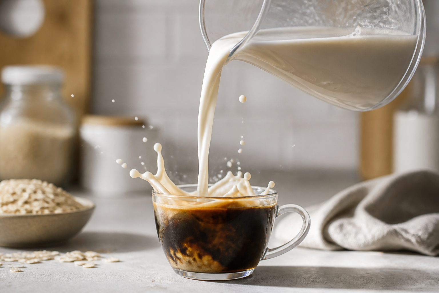 Creamy oat milk being poured into a dark espresso coffee cup, artistic slow motion splash, bright kitchen lighting, modern aesthetic.