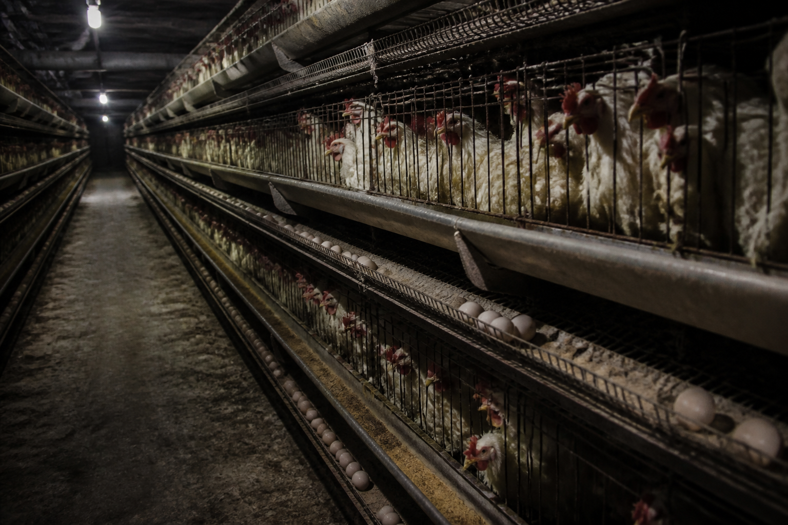 A wide-angle documentary-style photo of rows of battery cages in a dimly lit industrial poultry farm, emphasizing scale.