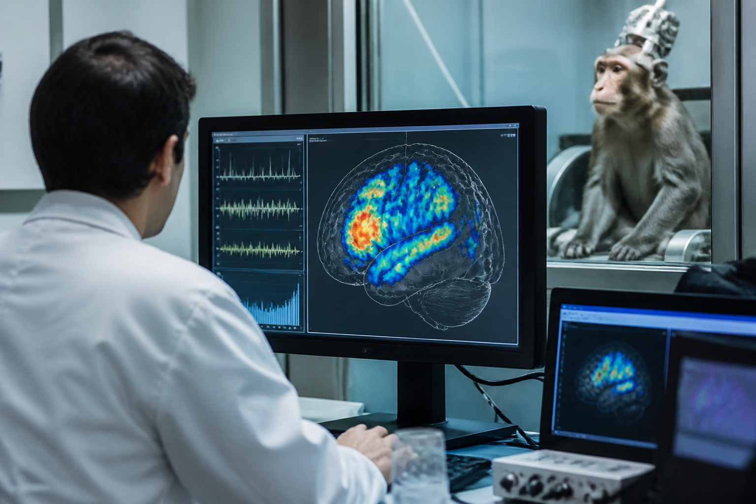 A high-tech laboratory setting showing a monitor with neural activity mapping of a mammal, symbolizing animal consciousness research.