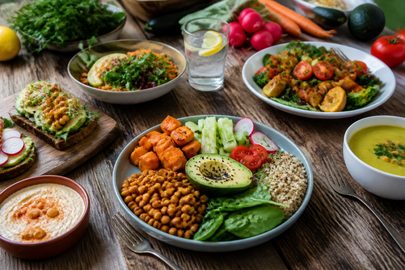 A vibrant, colorful array of plant-based meals and fresh vegetables arranged on a rustic table, bright and inviting lighting.