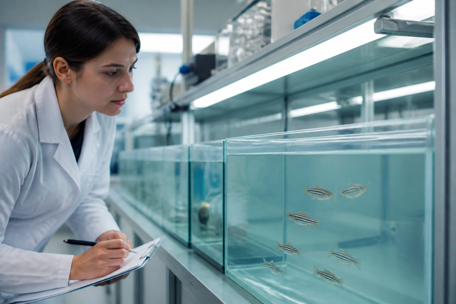A modern clean laboratory setting with glass aquariums for behavioral study, ethical research environment, soft professional lighting.
