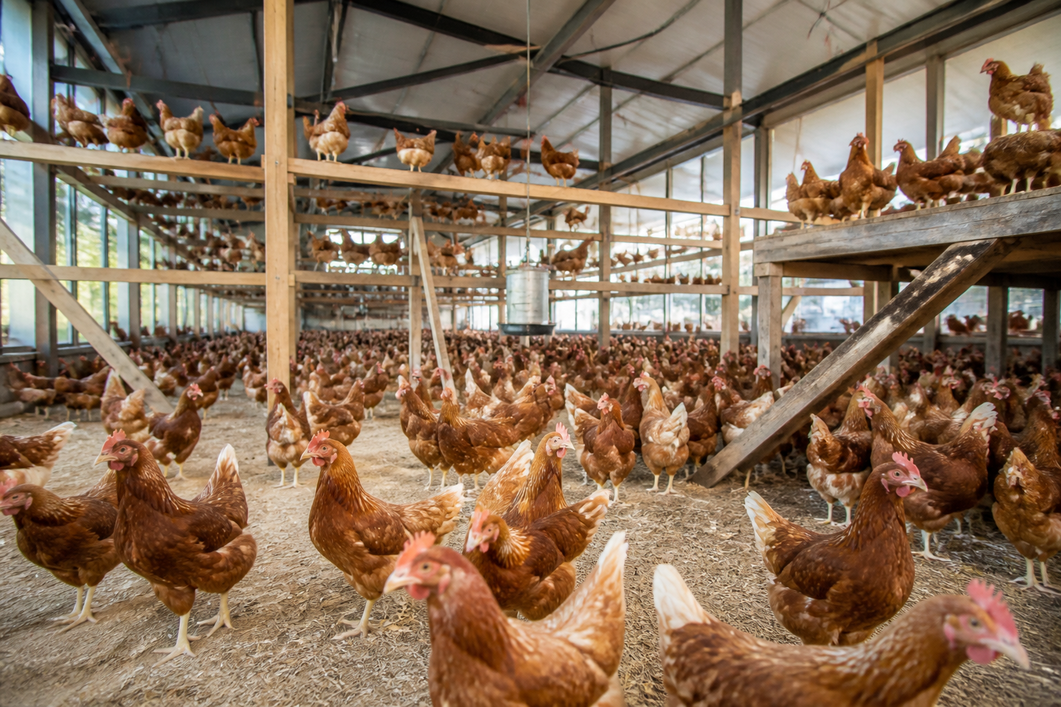 A bright, high-ceilinged indoor aviary without cages, where hundreds of brown hens occupy multiple levels of rafters and floor space with wood shavings.