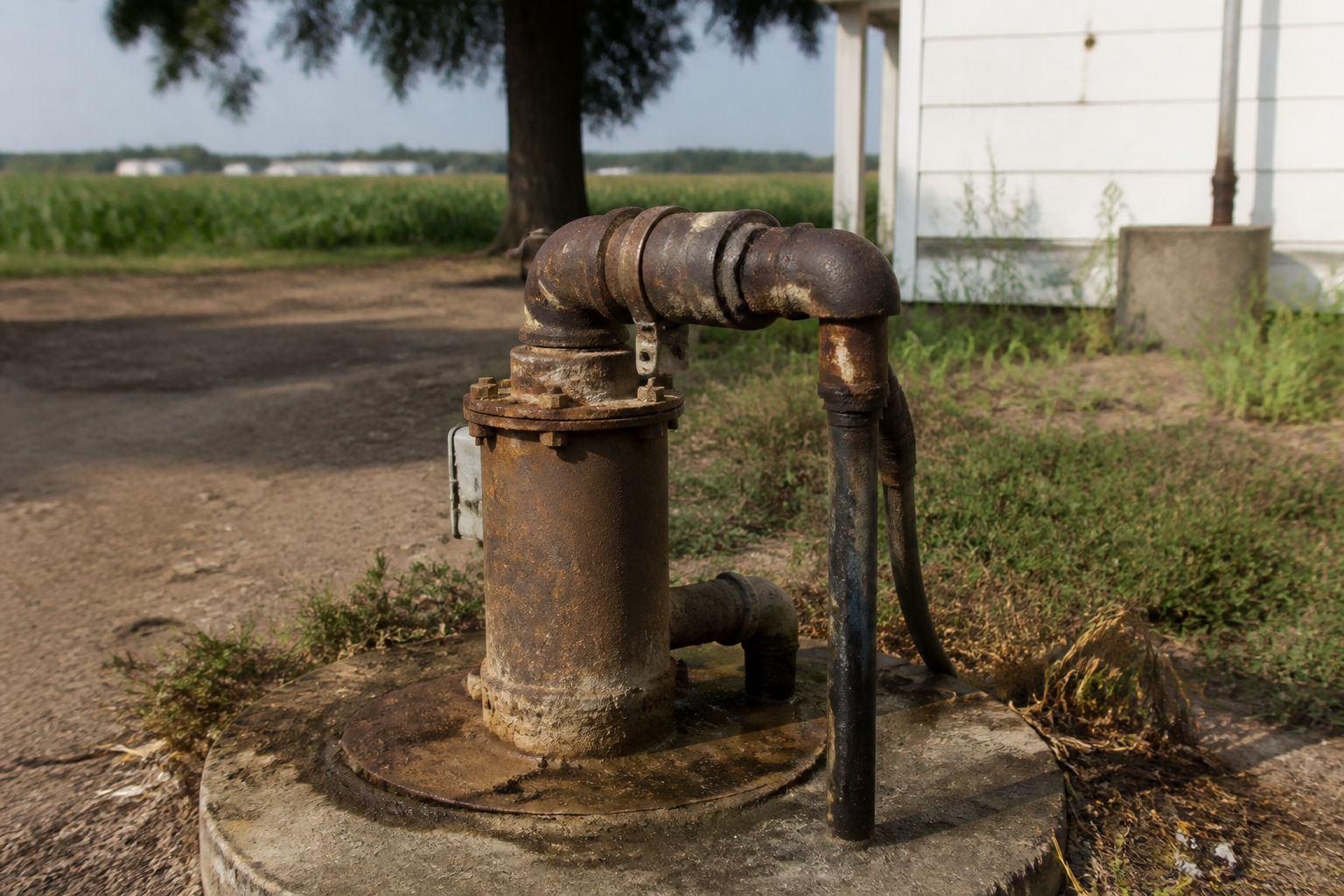 A close-up shot of a rusted domestic water well head in a rural backyard, soft morning light, agricultural fields in background.