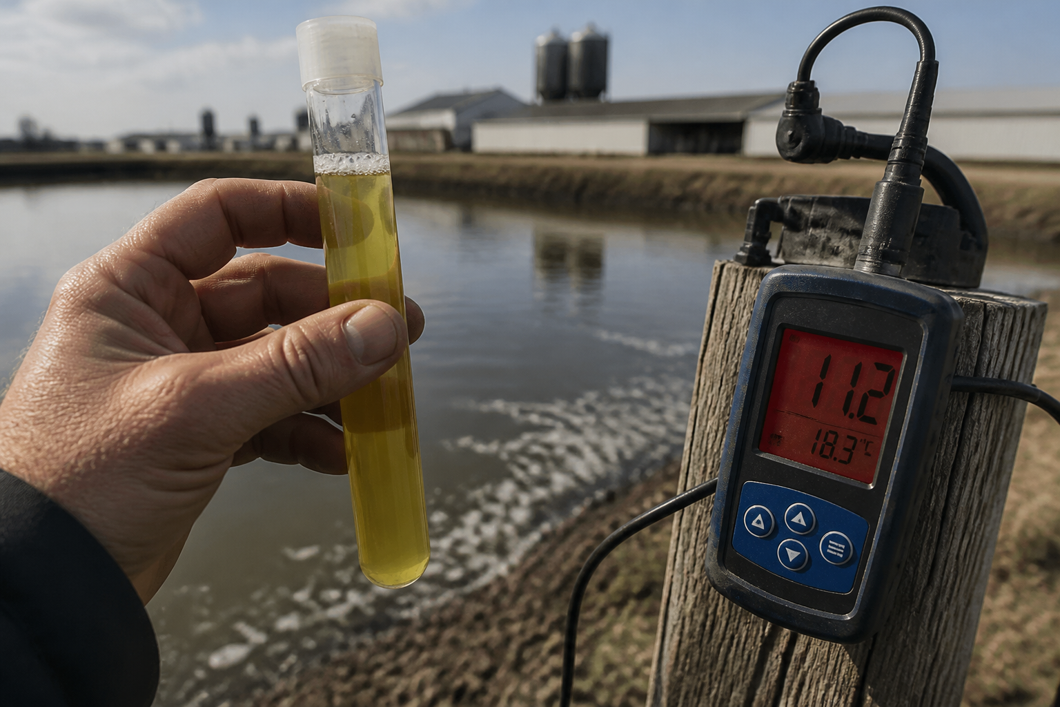 A hand holding a laboratory test tube filled with yellowish water, a digital nitrate meter displaying a high red alert value.