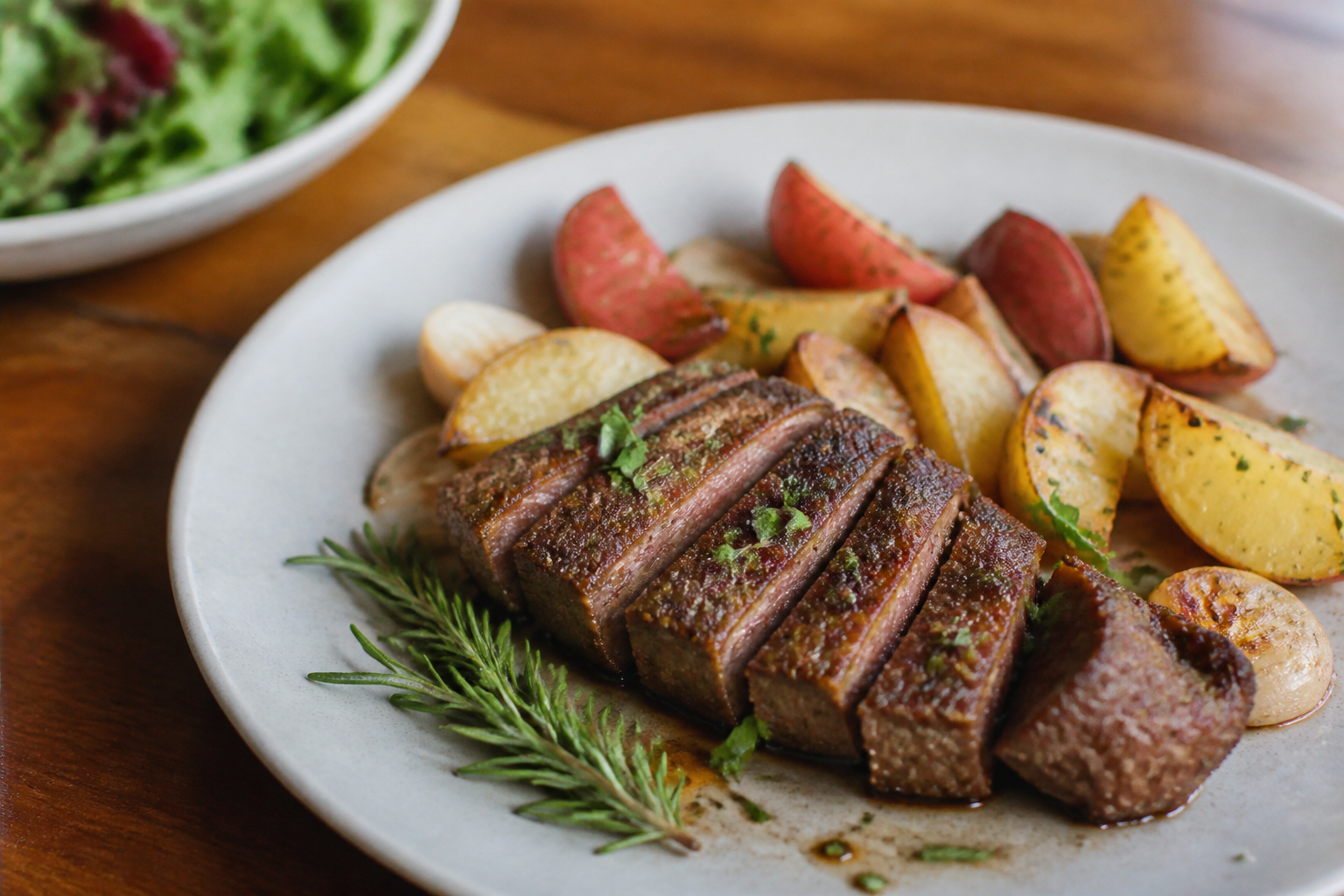 A high-quality food photography shot of a gourmet plant-based meat dish served with fresh herbs, symbolizing ethical alternatives to factory farming.