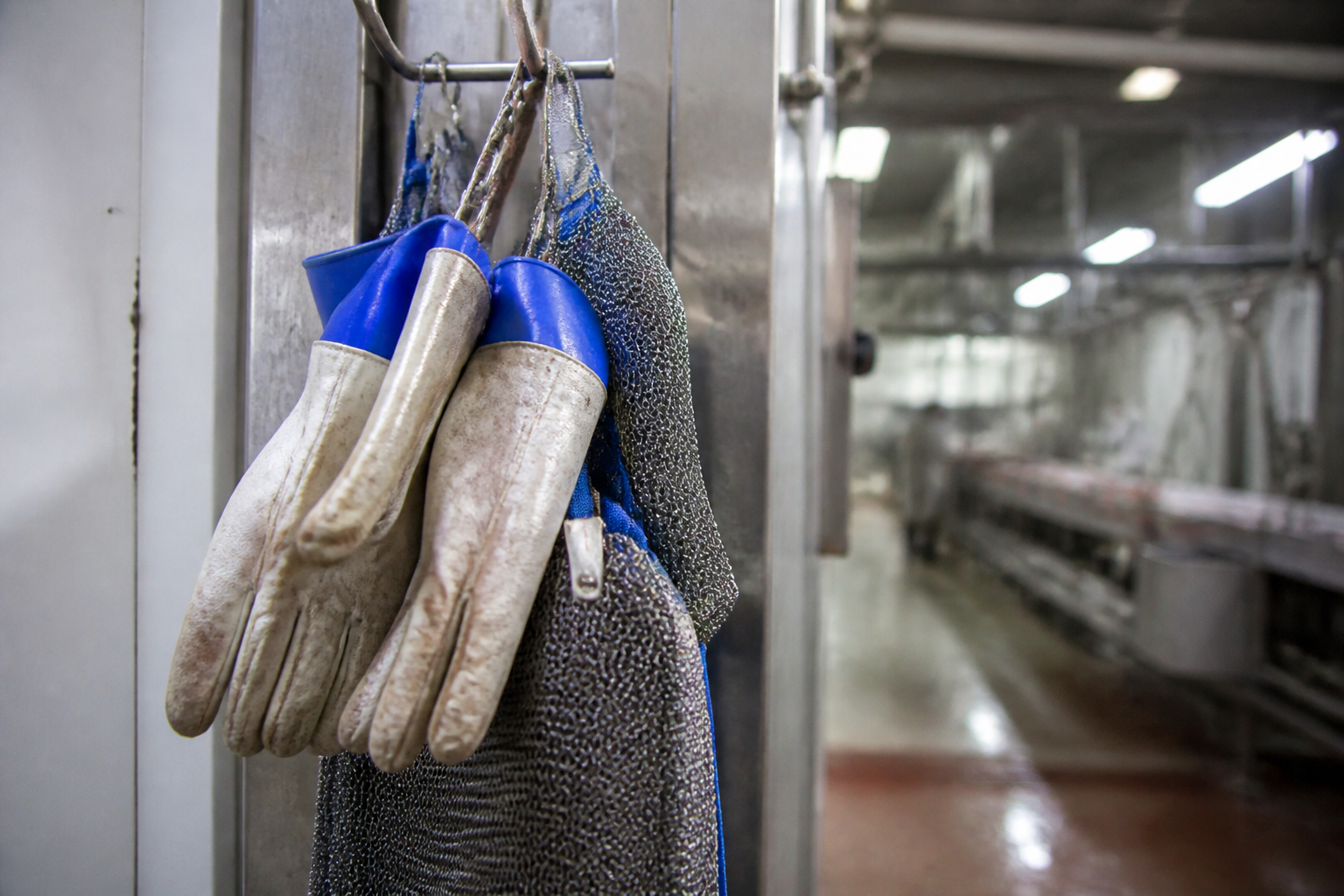 Macro photograph of heavy-duty safety gloves and a steel mesh apron hanging on a hook in a food processing plant.
