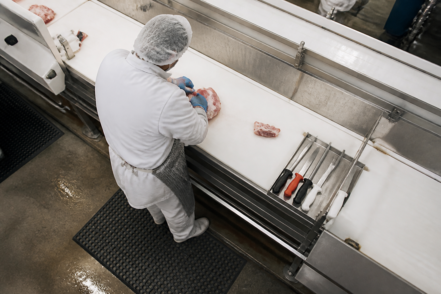 An overhead view of a clean industrial workstation in a processing plant, featuring ergonomic mats and sharp professional cutting tools.