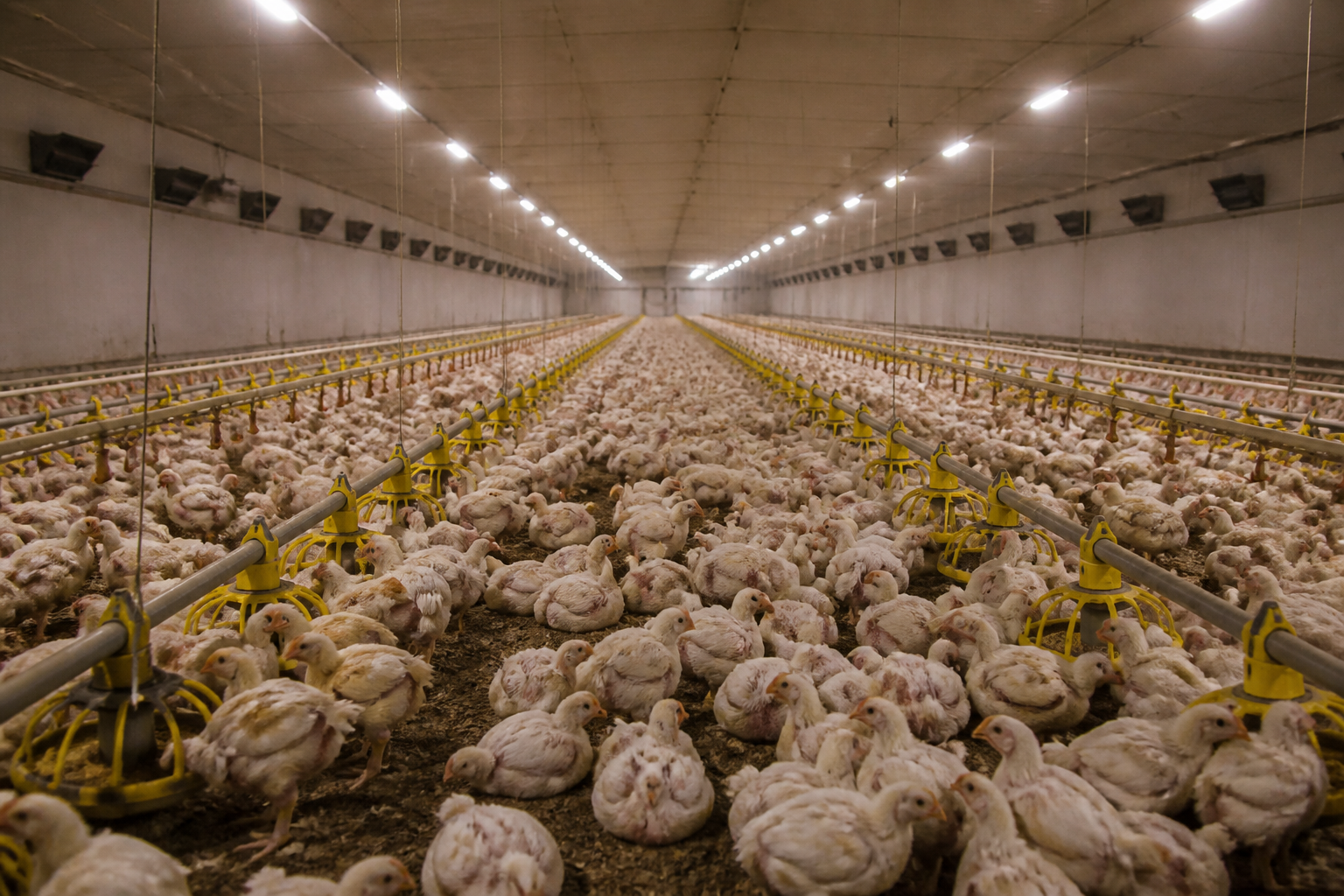 Long, symmetrical perspective of thousands of white broiler chickens in a vast, windowless industrial shed with yellow feeding lines.