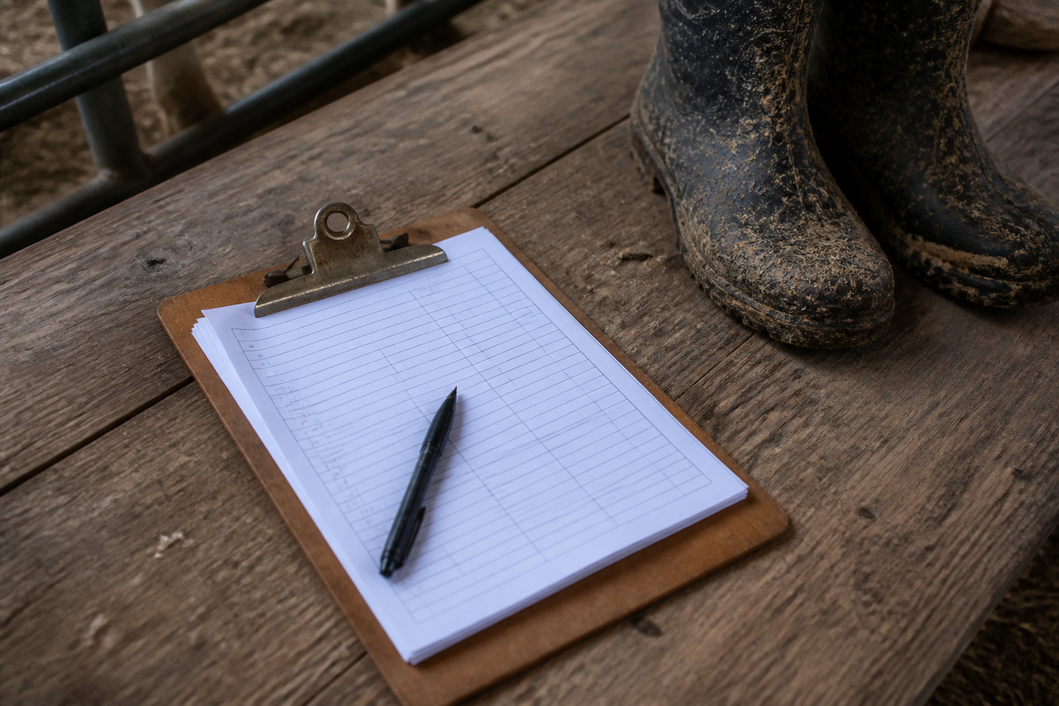 A wooden clipboard with inspection forms lying on a rustic table next to a pair of muddy farming boots, soft natural lighting.