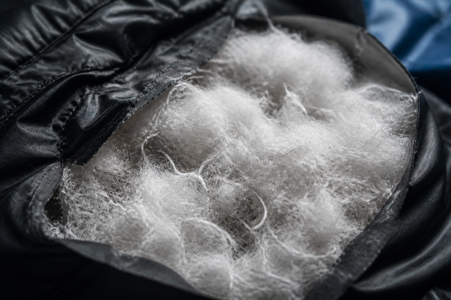 Macro photograph of the internal synthetic fibers of a high-performance winter jacket, showing the loft and texture.