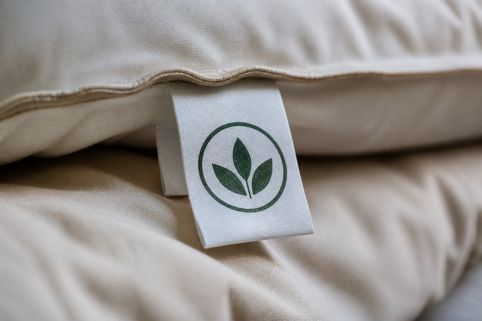 A clean, professional close-up of a textile certification tag on a garment, soft focus background, studio lighting.
