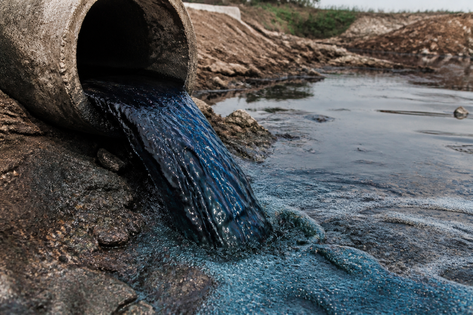 A close-up of dark, iridescent blue and black industrial effluent flowing from a concrete pipe into a murky, stagnant river.