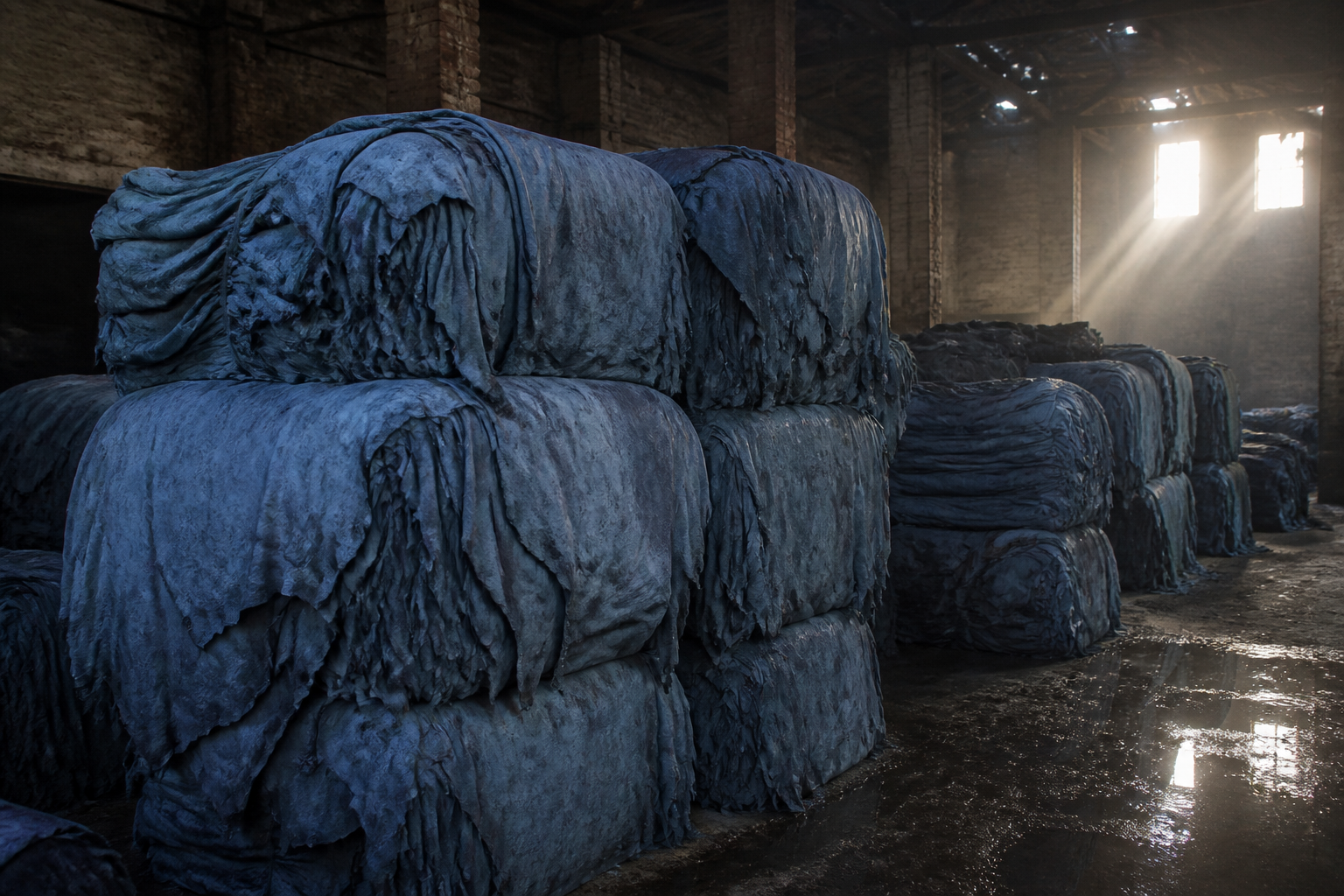 Bales of blue-tinted 'wet blue' leather hides stacked high in a dimly lit warehouse with sunlight filtering through dust.