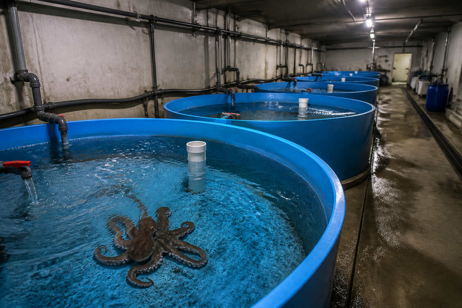 Row of large, sterile circular blue aquaculture tanks inside a dimly lit industrial facility with concrete floors.