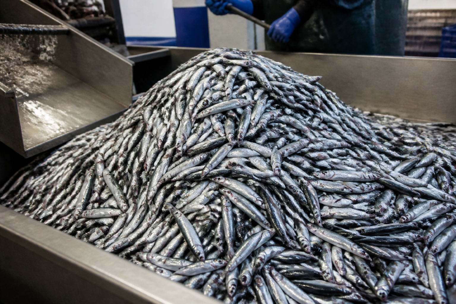 A large pile of small silver forage fish like anchovies on a metal processing table, representing aquaculture feed.