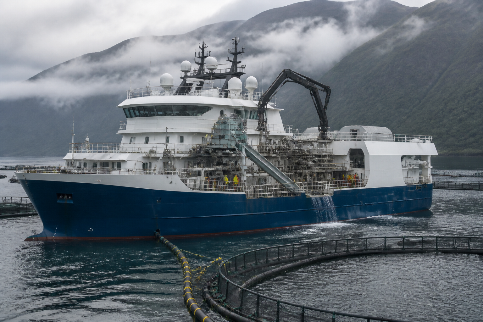A large industrial aquaculture ship equipped with processing machinery operating in a misty fjord, showing the scale of modern fish farming technology.