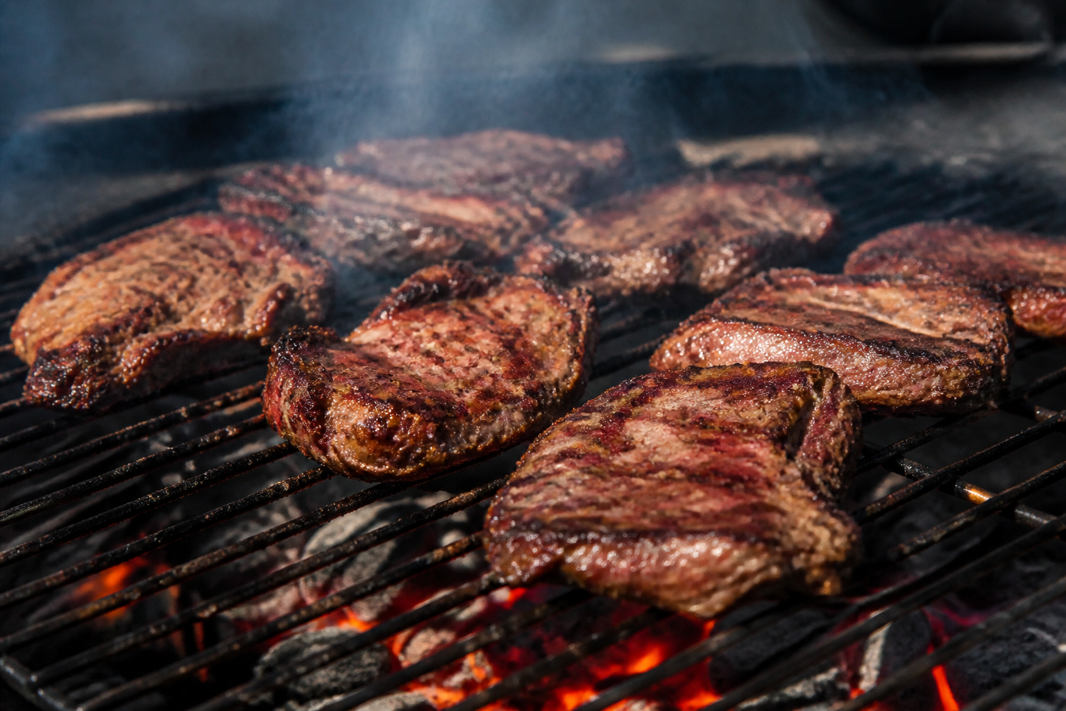 Close-up of meat cooking on a hot grill with visible smoke and char marks, embers glowing underneath.