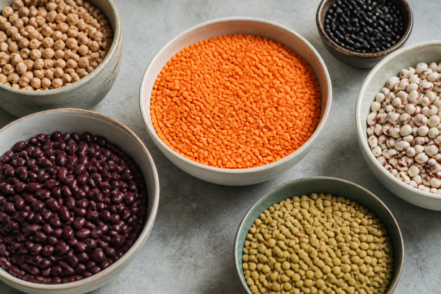 A bright, colorful assortment of lentils, chickpeas, and beans in ceramic bowls on a light stone countertop, natural daylight.