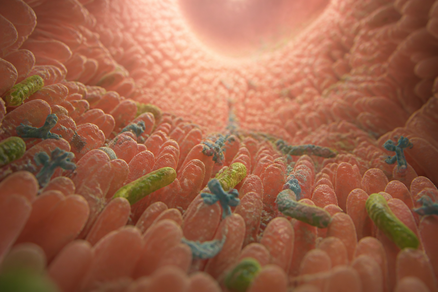 A detailed 3D scientific visualization of beneficial gut bacteria colonies in a warm, glowing intestinal environment with soft lighting.