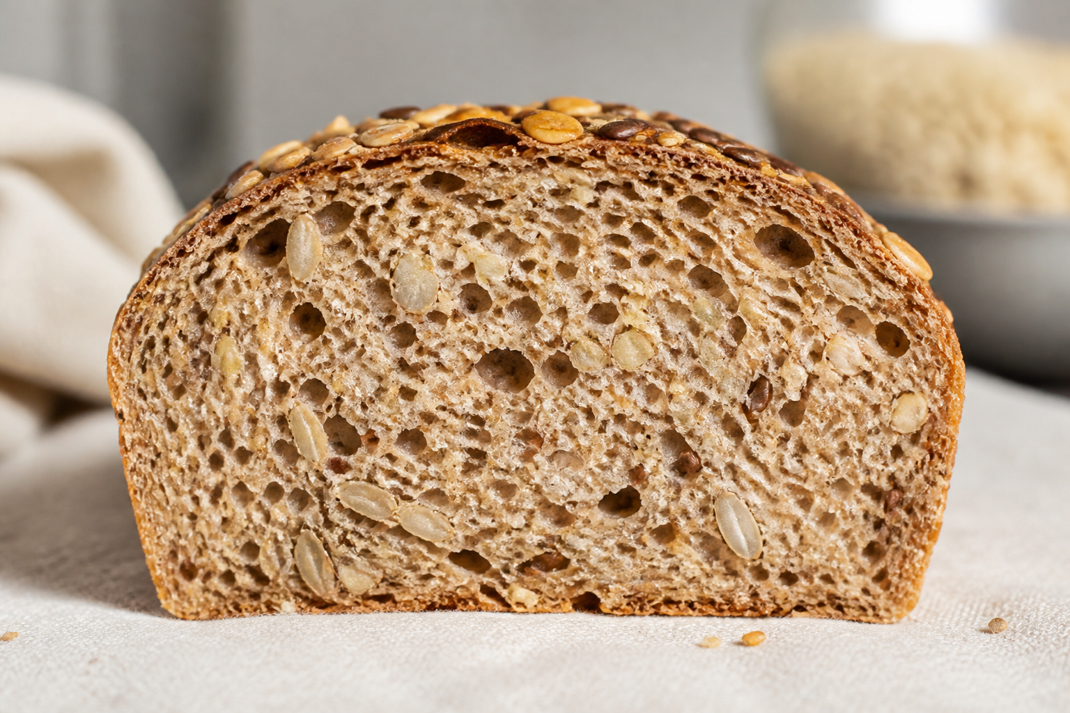 A clean, medical-style infographic-like photograph showing a cross-section of a high-fiber whole grain bread with visible seeds and textures.