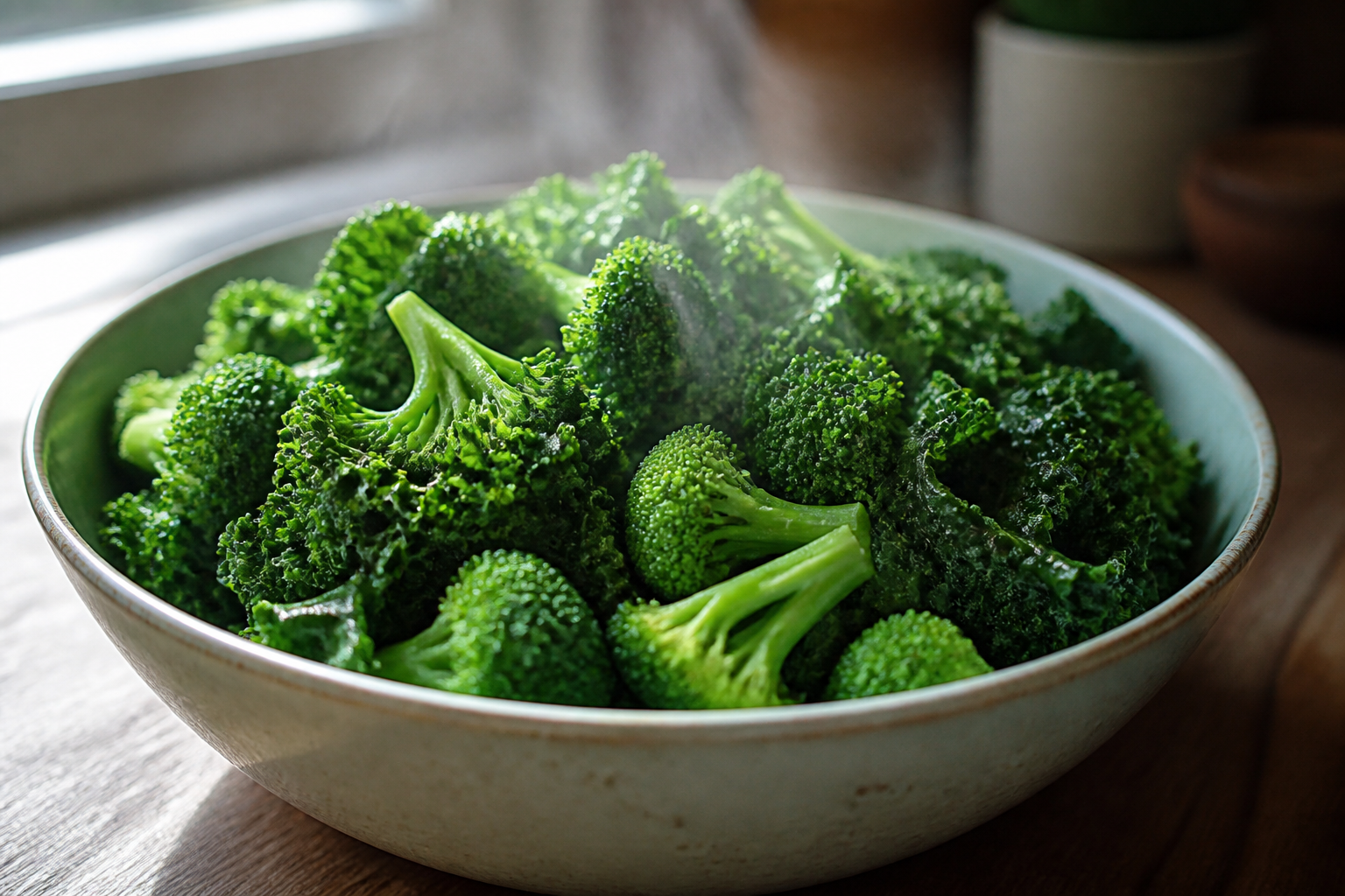 A close-up photograph of vibrant steamed kale and broccoli in a ceramic bowl, natural morning light, steam rising slightly.