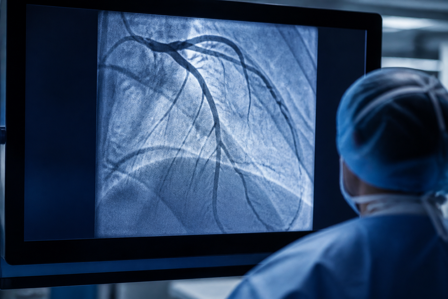 A high-contrast digital display of a coronary angiogram showing clear arterial pathways in a clinical setting, blue and white tones.