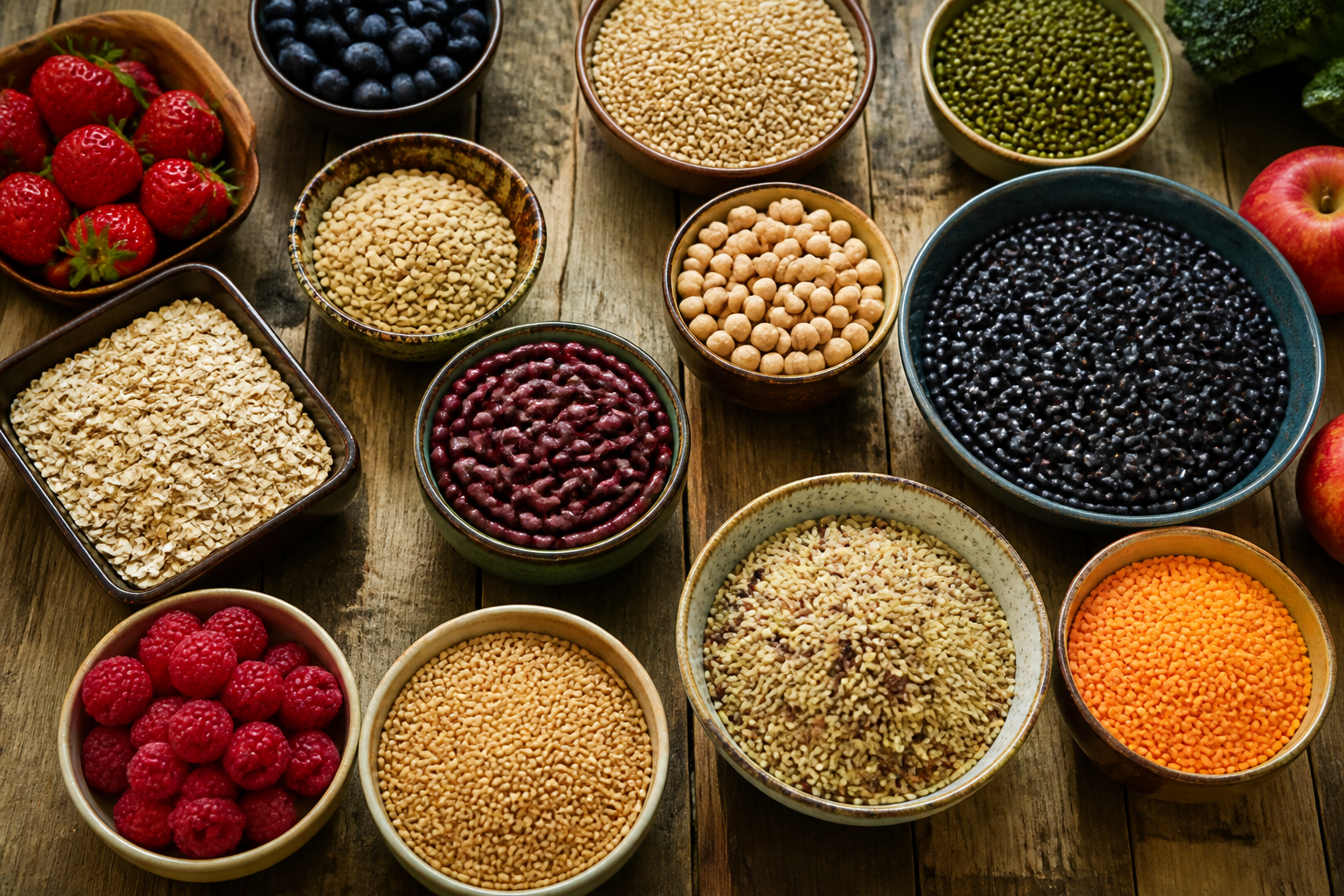 A wide overhead shot of a rustic wooden table filled with colorful beans, lentils, whole grains, and fresh berries, natural soft light.