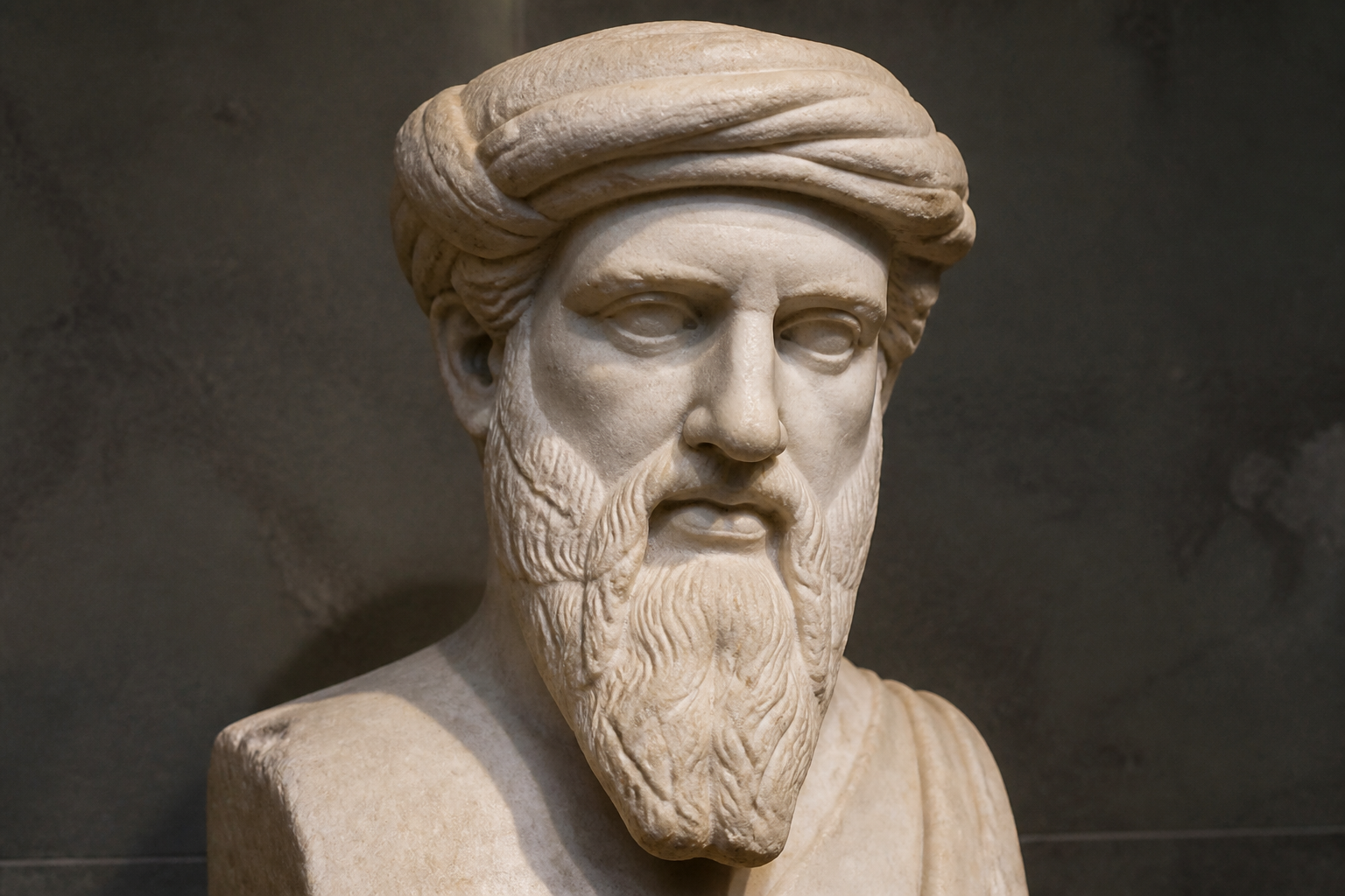 A classical white marble bust of Pythagoras, serene expression, soft museum lighting against a dark neutral background, high detail of carved stone.