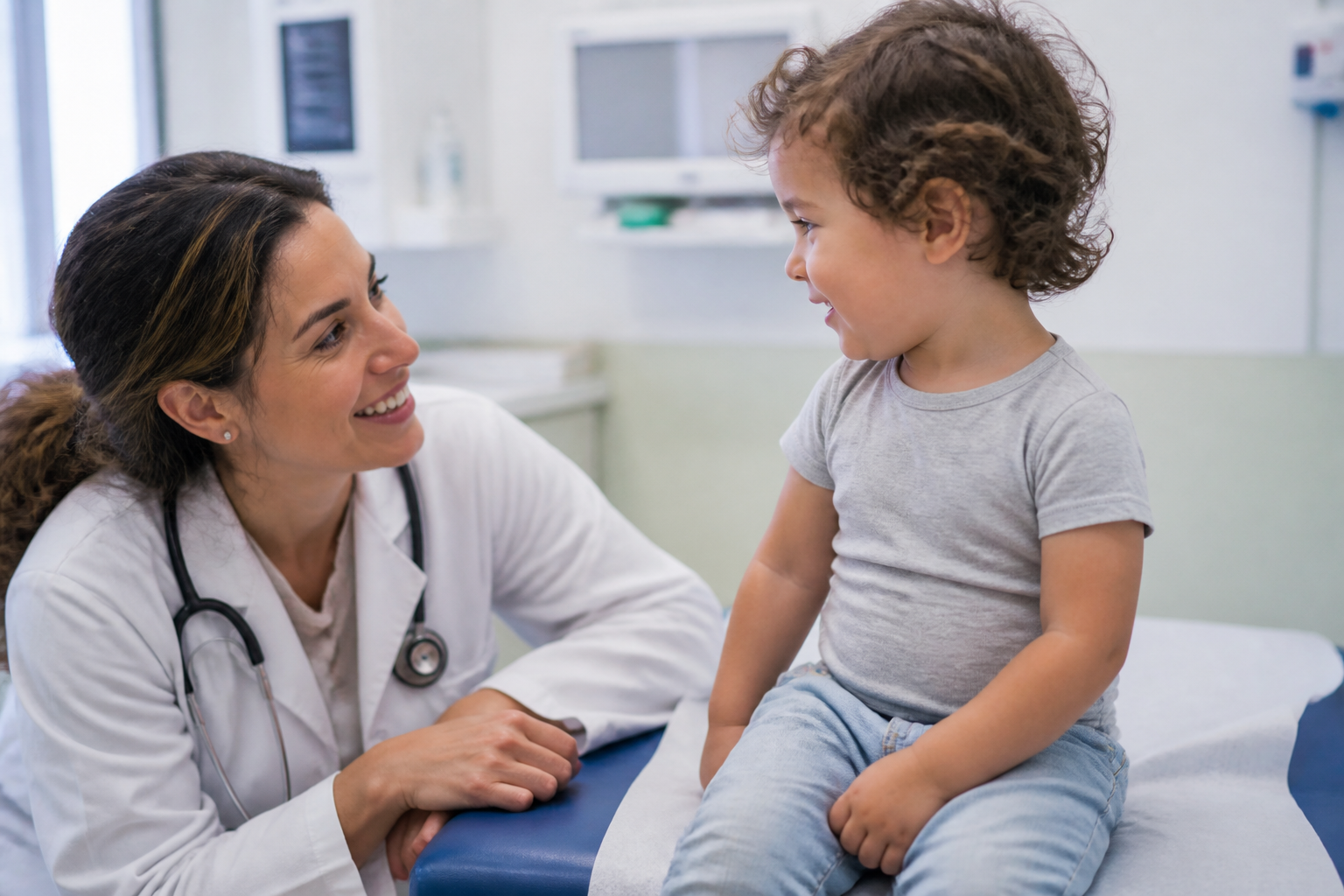 A friendly pediatrician in a white coat smiling at a healthy toddler sitting on an examination table, soft clinical setting.