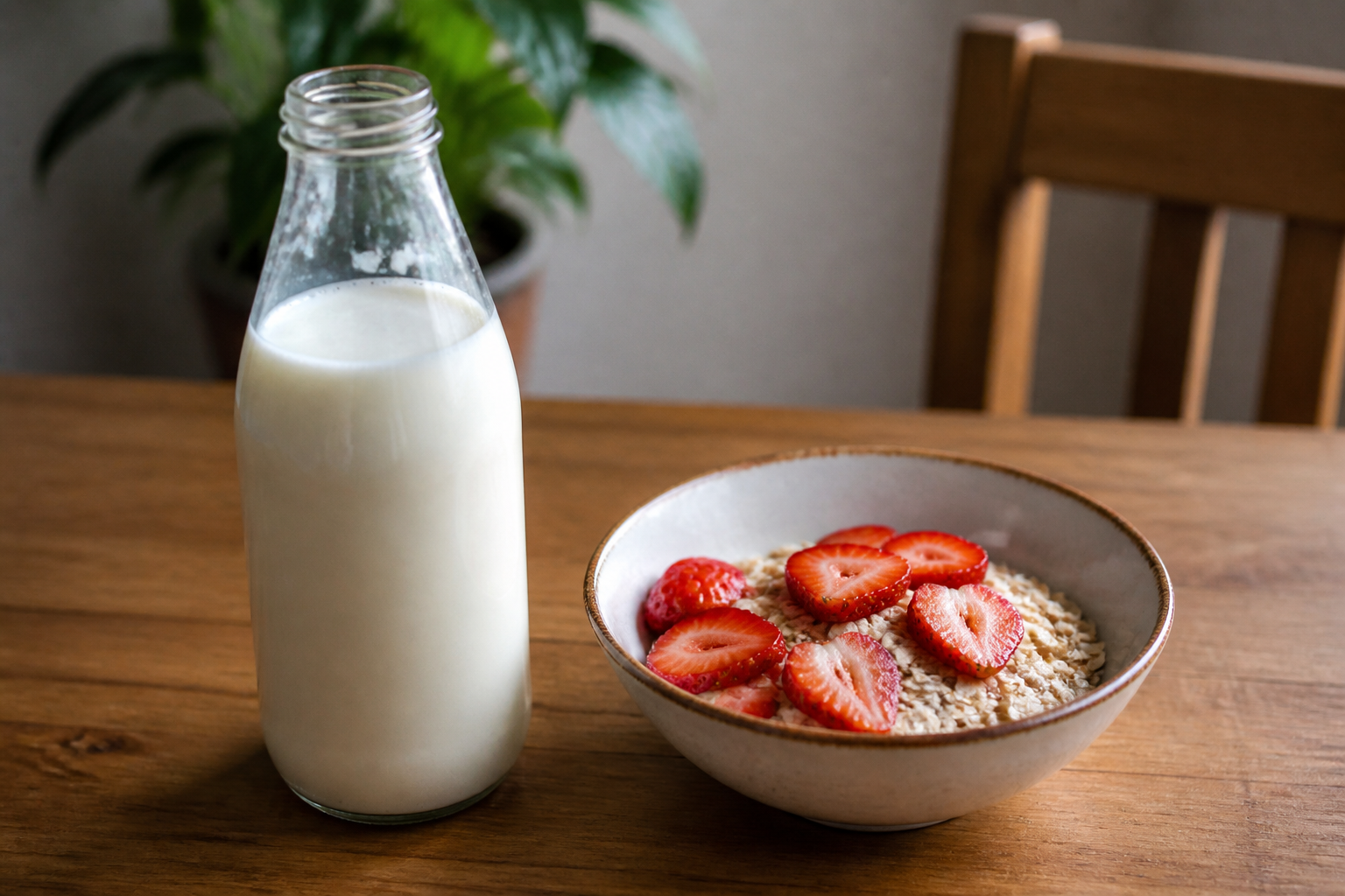 A glass bottle of fortified soy milk next to a bowl of oats and sliced strawberries on a wooden table.